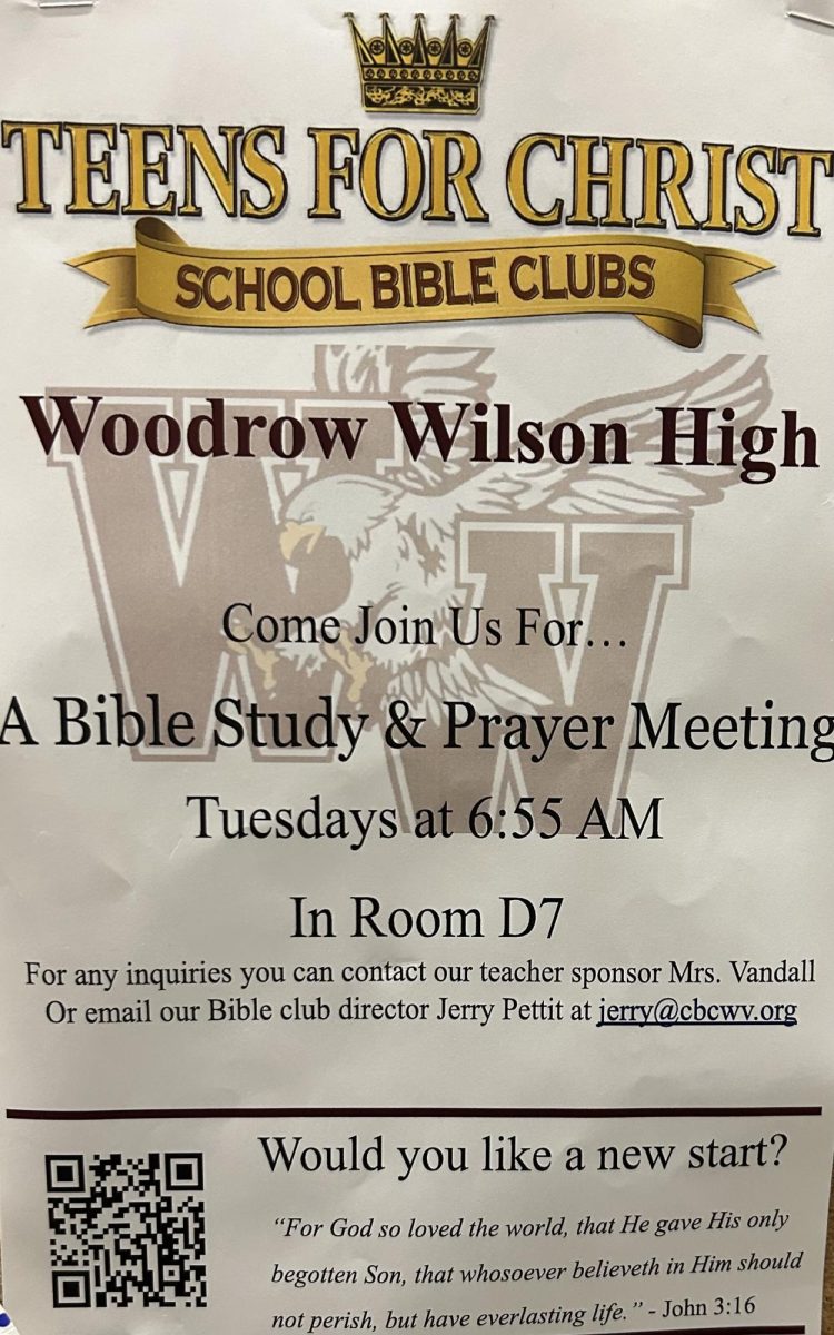 Woodrow Wilson High Schools Teens4Christ meets every Tuesday at 6:55 AM in room D-7.